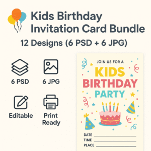 **🎈 Kids Birthday Invitation Card Bundle - 12 Designs (6 PSD + 6 JPG) 🌟**